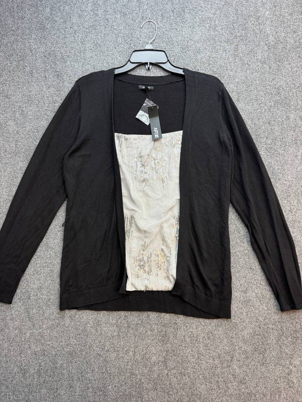 Apt 9 Womens L Black Ivory Sequin Layered Look Open Front Cardigan Top NWT
